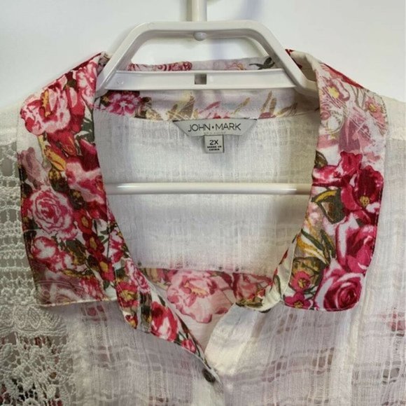 JohnMark Button Shirt White Floral Stretch Crochet - Picture 6 of 7